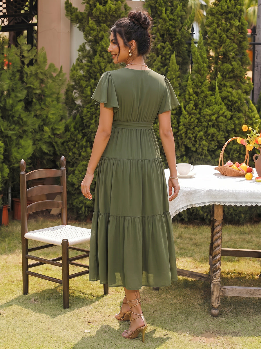 A-Line/Princess V-Neck Short Sleeves Tea-Length Maternity Wedding Guest Dresses With Bowknot & Ruffles