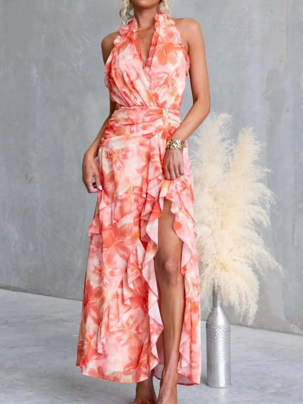Floral Print Ruffle Halter Neck Maxi Dress