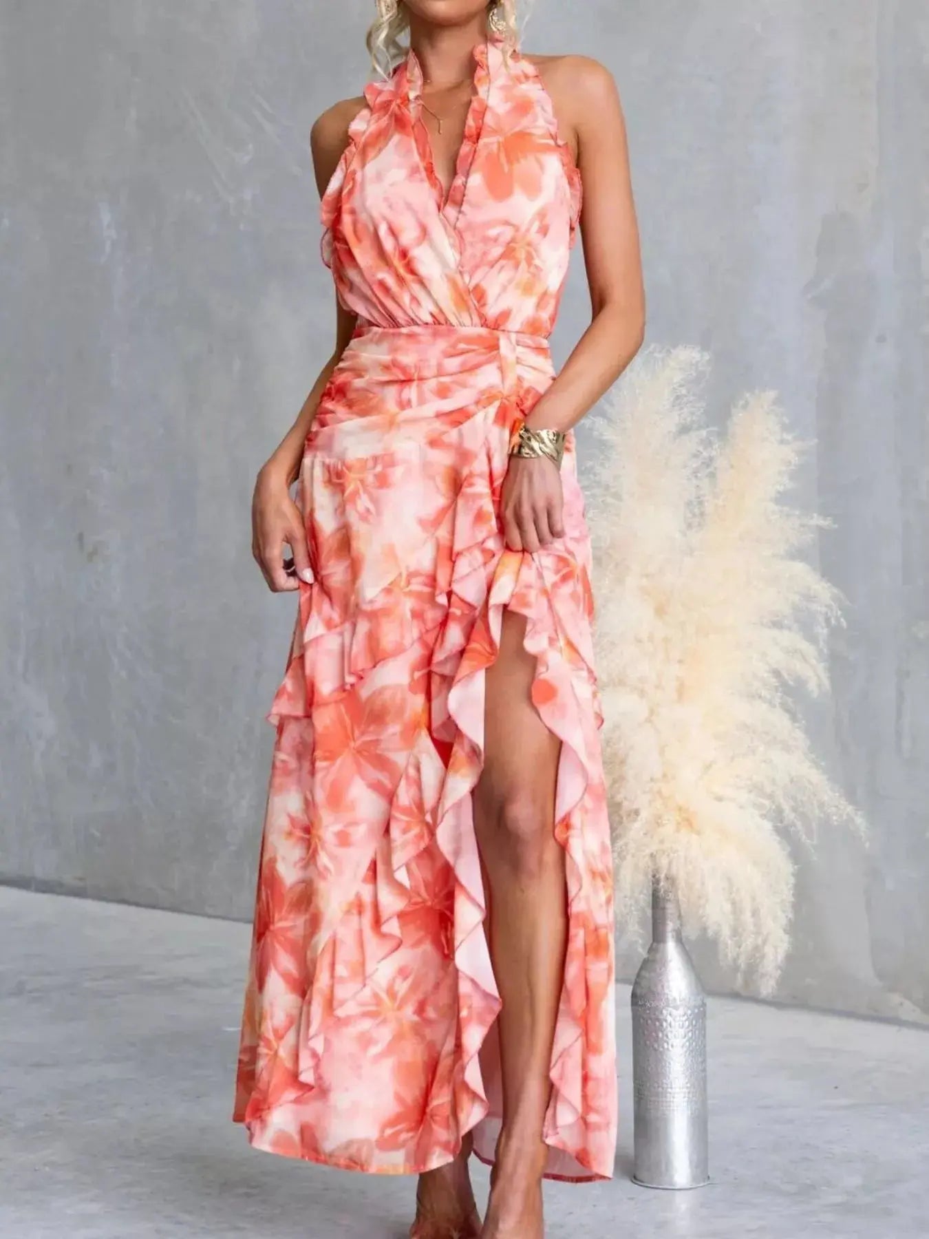 Floral Print Ruffle Halter Neck Maxi Dress