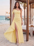 Sheath/Column Asymmetrical One-Shoulder Long Bridesmaid Dresses With Ruched & Split Side