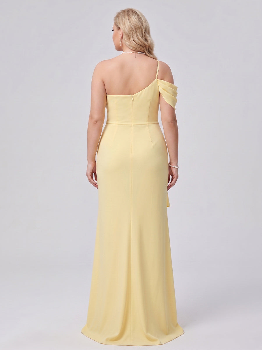 Sheath/Column Asymmetrical One-Shoulder Long Plus Size Bridesmaid Dresses With Ruched & Split Side