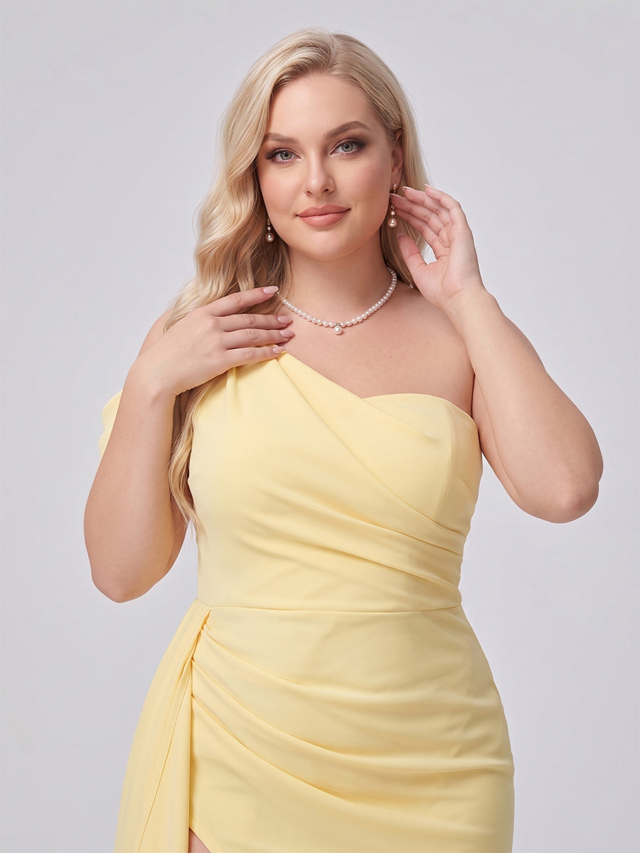 Sheath/Column Asymmetrical One-Shoulder Long Plus Size Bridesmaid Dresses With Ruched & Split Side