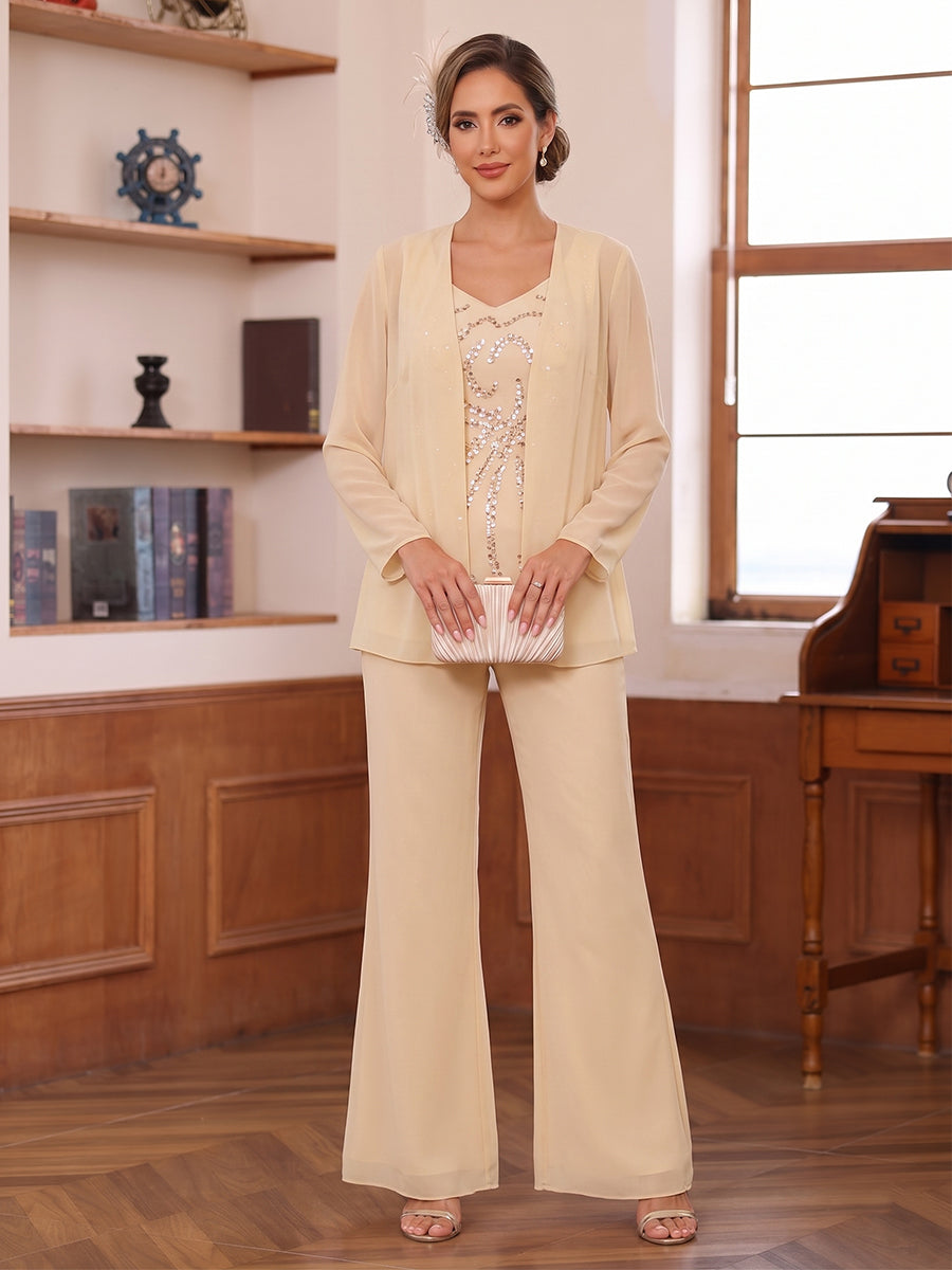 Pantsuits 3 Pieces V-Neck Long Sleeves Floor-Length Mother of the Bride with Sequins & Jacket