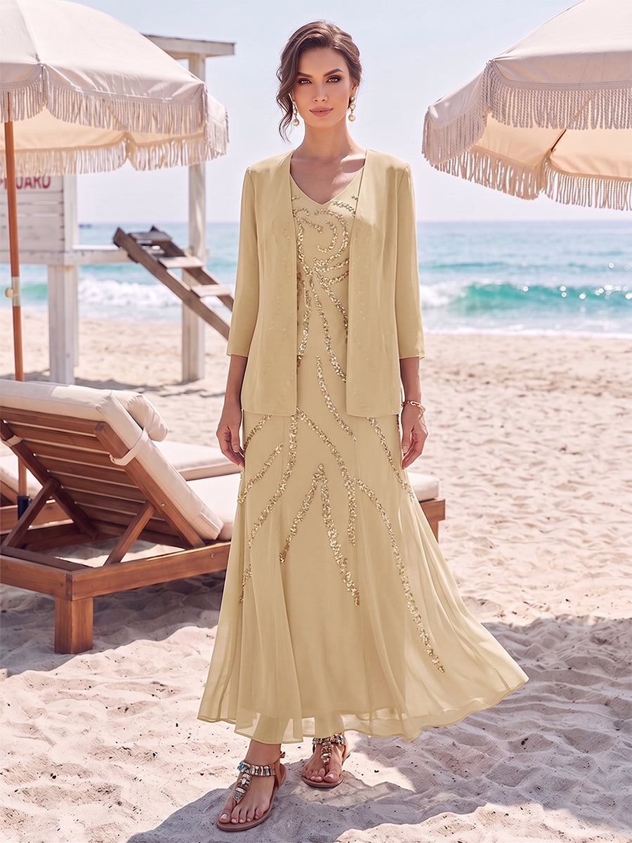 Sheath/Column V-Neck Short Sleeves Ankle-Length Mother of the Bride Dresses With Jacket & Sequins