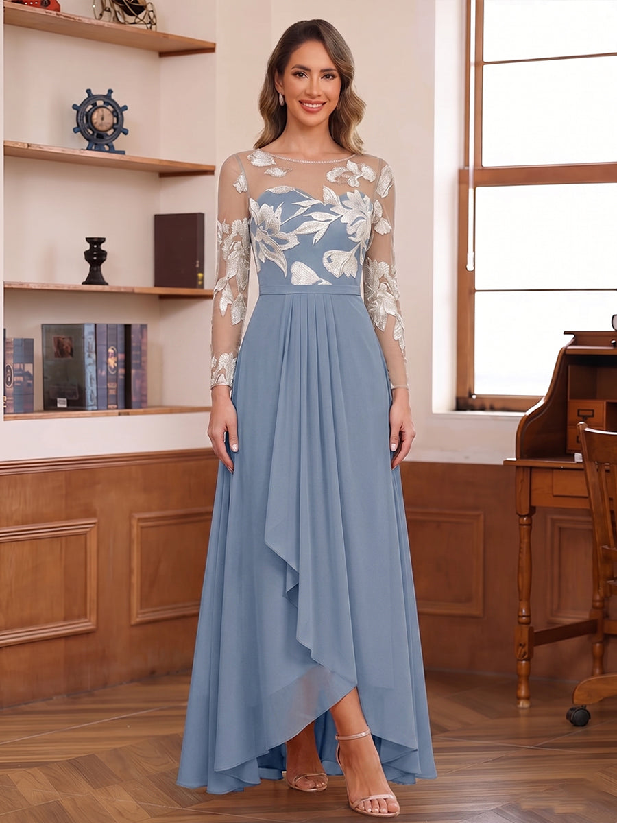 A-Line/Princess Scoop Long Sleeves Chiffon Asymmetrical Mother of the Bride Dresses With Appliques