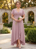 A-Line/Princess V-Neck Short Sleeves Asymmetrical Chiffon Plus Size Bridesmaid Dresses with Ruffles & Ruched