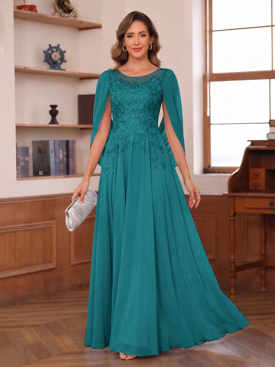 A-Line/Princess Illusion Scoop Chiffon Mother of the Bride Dresses with Appliques & Cape