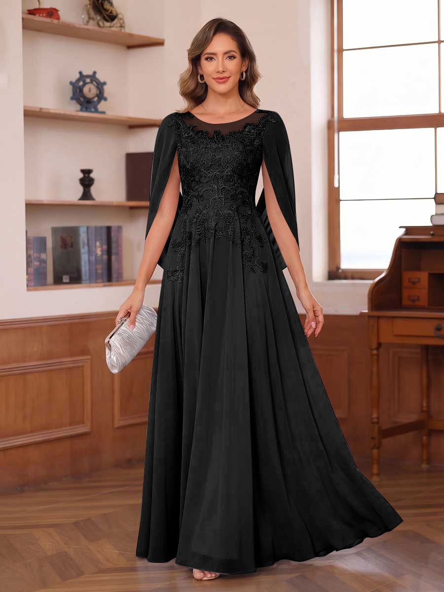 A-Line/Princess Illusion Scoop Chiffon Mother of the Bride Dresses with Appliques & Cape