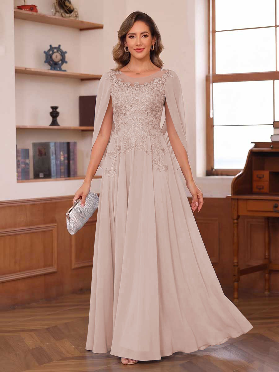 A-Line/Princess Illusion Scoop Chiffon Mother of the Bride Dresses with Appliques & Cape