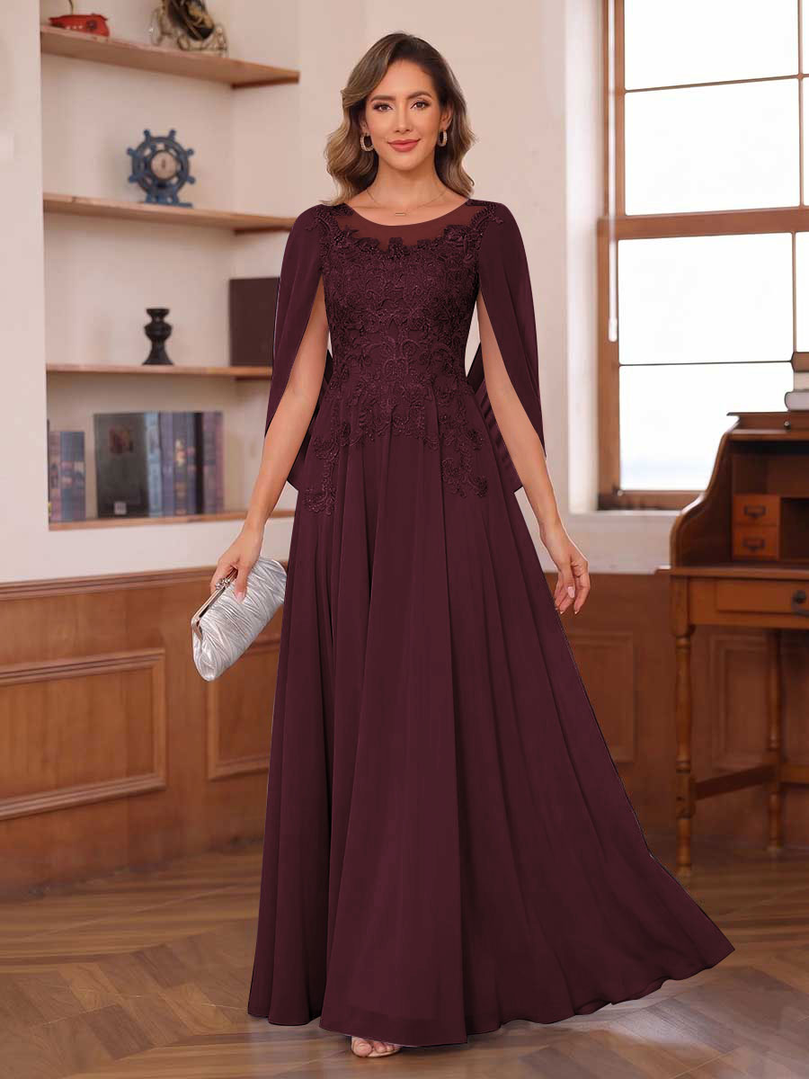 A-Line/Princess Illusion Scoop Chiffon Mother of the Bride Dresses with Appliques & Cape