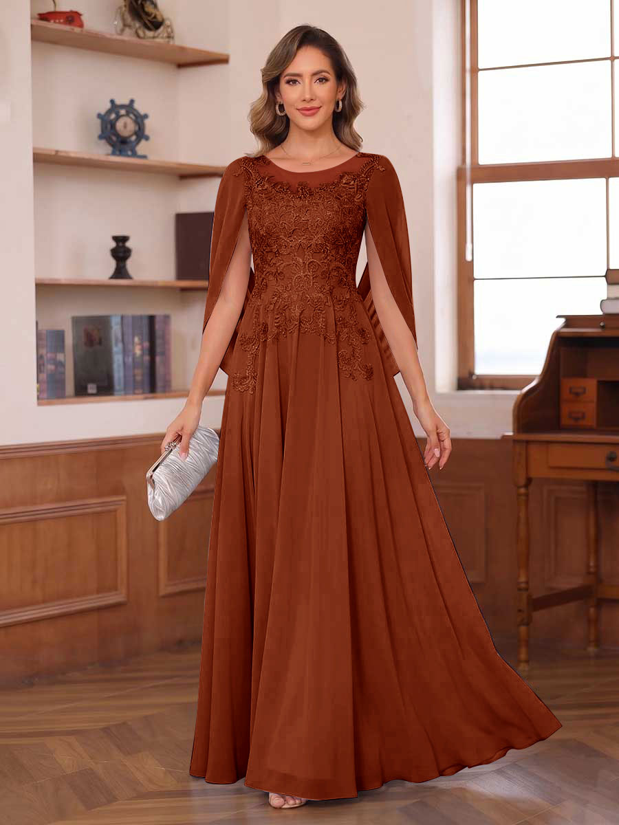 A-Line/Princess Illusion Scoop Chiffon Mother of the Bride Dresses with Appliques & Cape