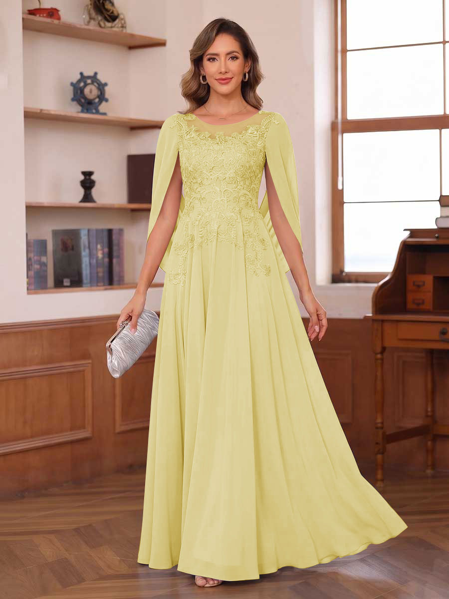 A-Line/Princess Illusion Scoop Chiffon Mother of the Bride Dresses with Appliques & Cape