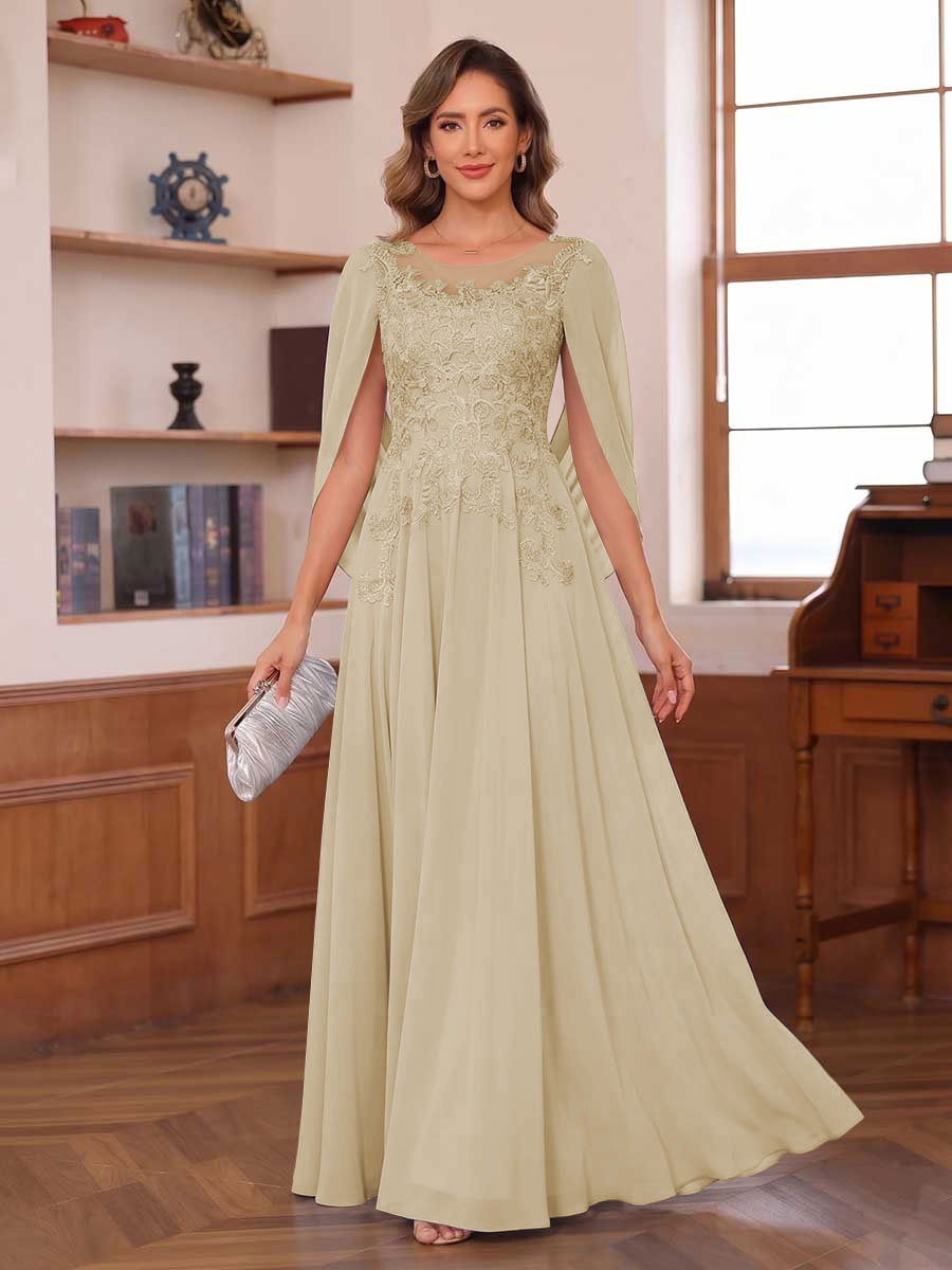 A-Line/Princess Illusion Scoop Chiffon Mother of the Bride Dresses with Appliques & Cape