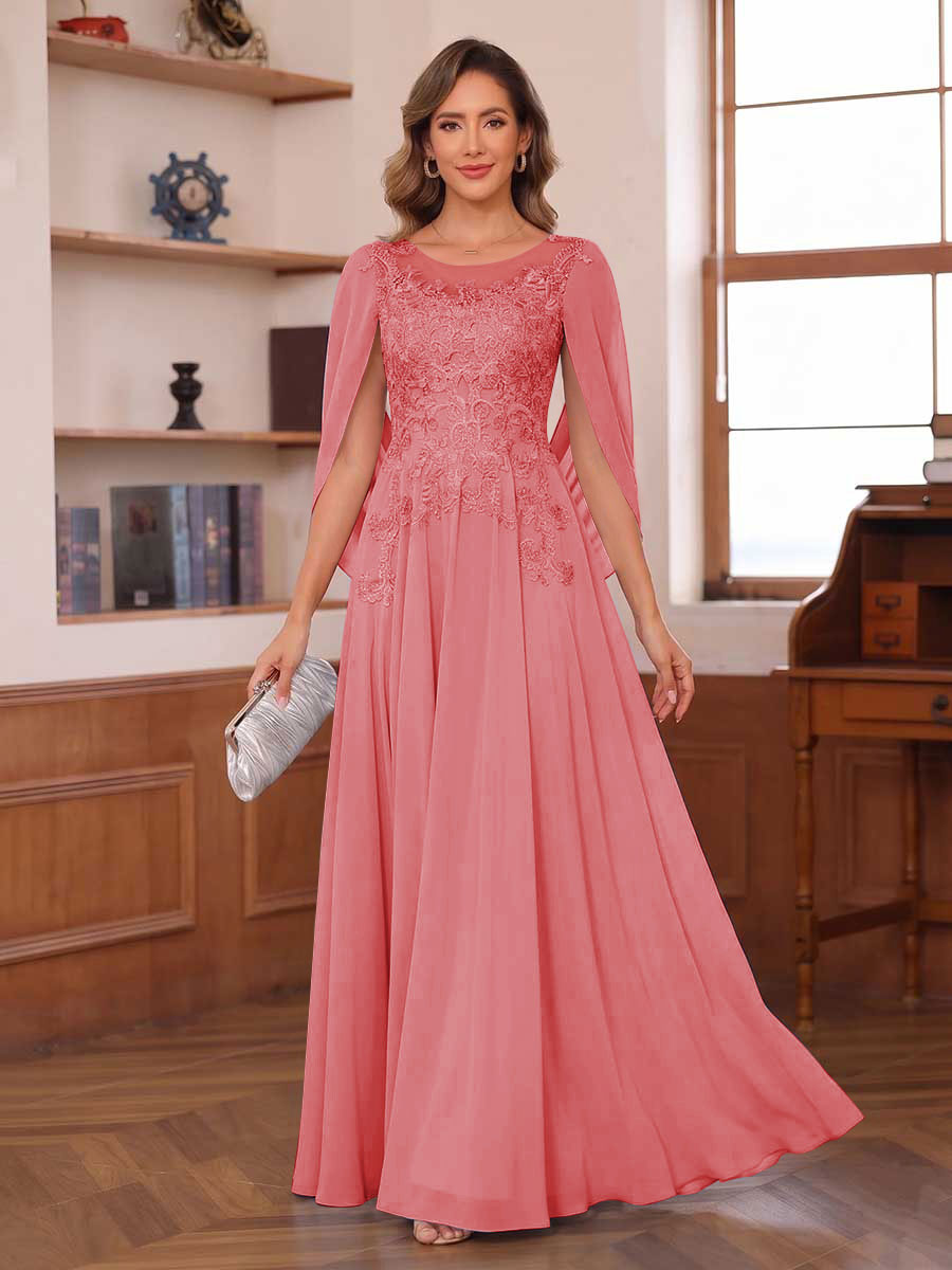 A-Line/Princess Illusion Scoop Chiffon Mother of the Bride Dresses with Appliques & Cape