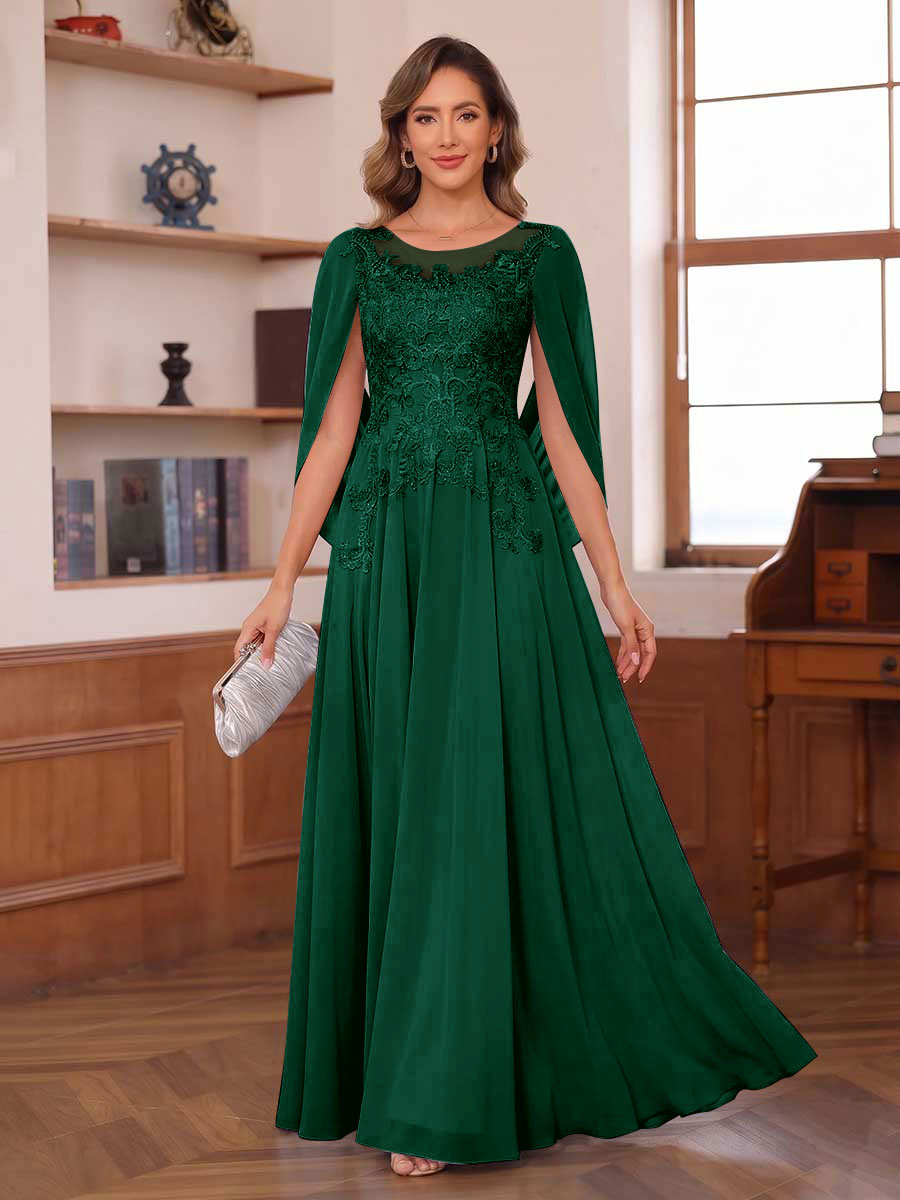 A-Line/Princess Illusion Scoop Chiffon Mother of the Bride Dresses with Appliques & Cape