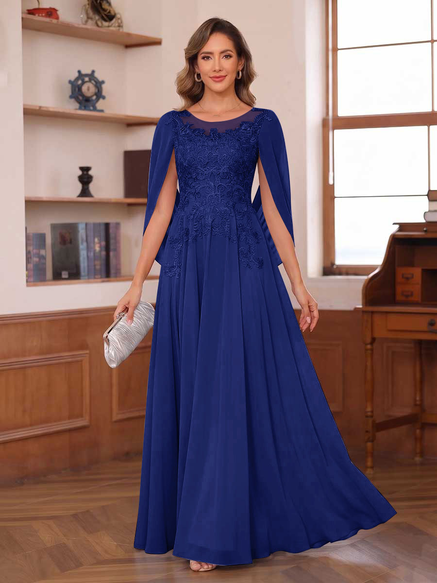 A-Line/Princess Illusion Scoop Chiffon Mother of the Bride Dresses with Appliques & Cape