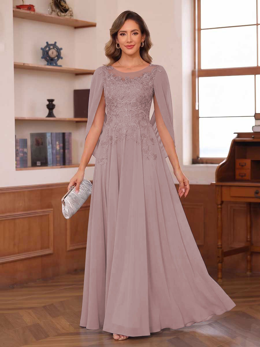 A-Line/Princess Illusion Scoop Chiffon Mother of the Bride Dresses with Appliques & Cape