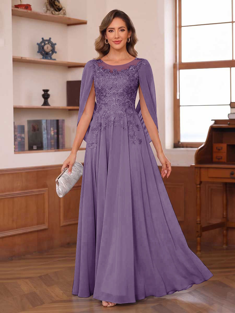A-Line/Princess Illusion Scoop Chiffon Mother of the Bride Dresses with Appliques & Cape