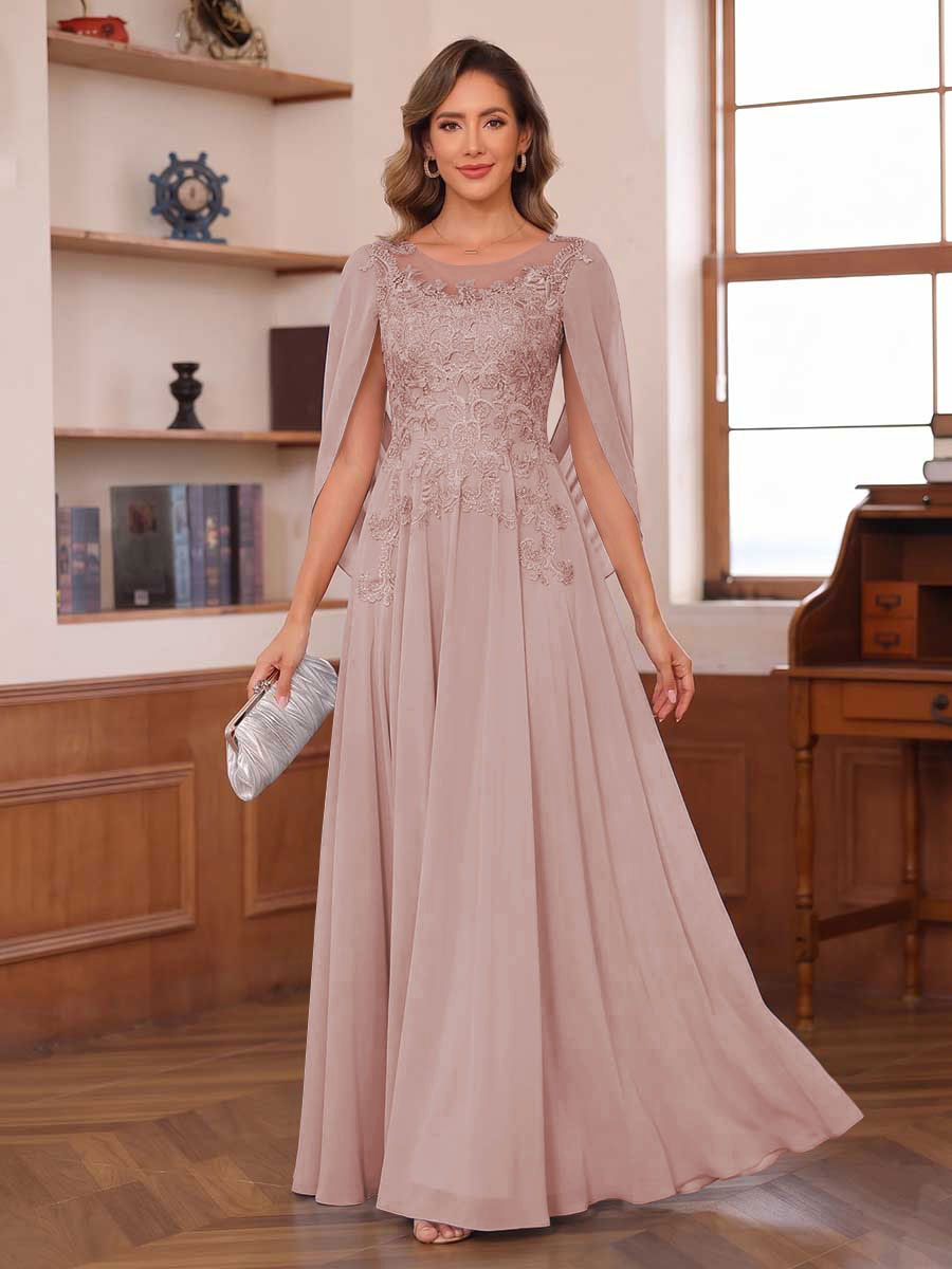 A-Line/Princess Illusion Scoop Chiffon Mother of the Bride Dresses with Appliques & Cape