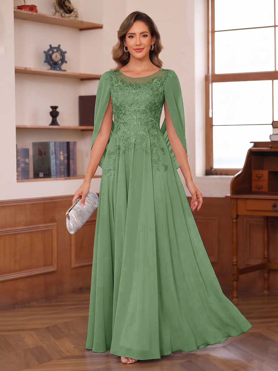 A-Line/Princess Illusion Scoop Chiffon Mother of the Bride Dresses with Appliques & Cape