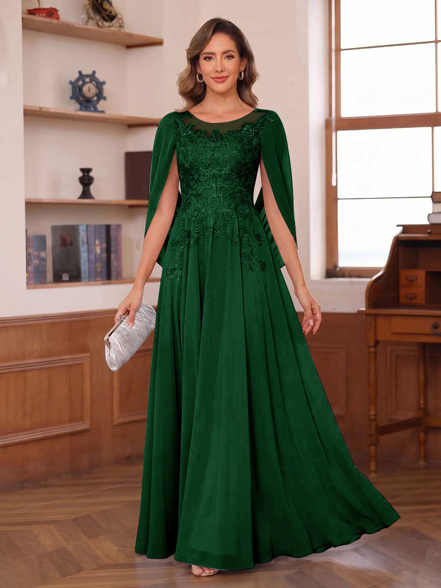A-Line/Princess Illusion Scoop Chiffon Mother of the Bride Dresses with Appliques & Cape