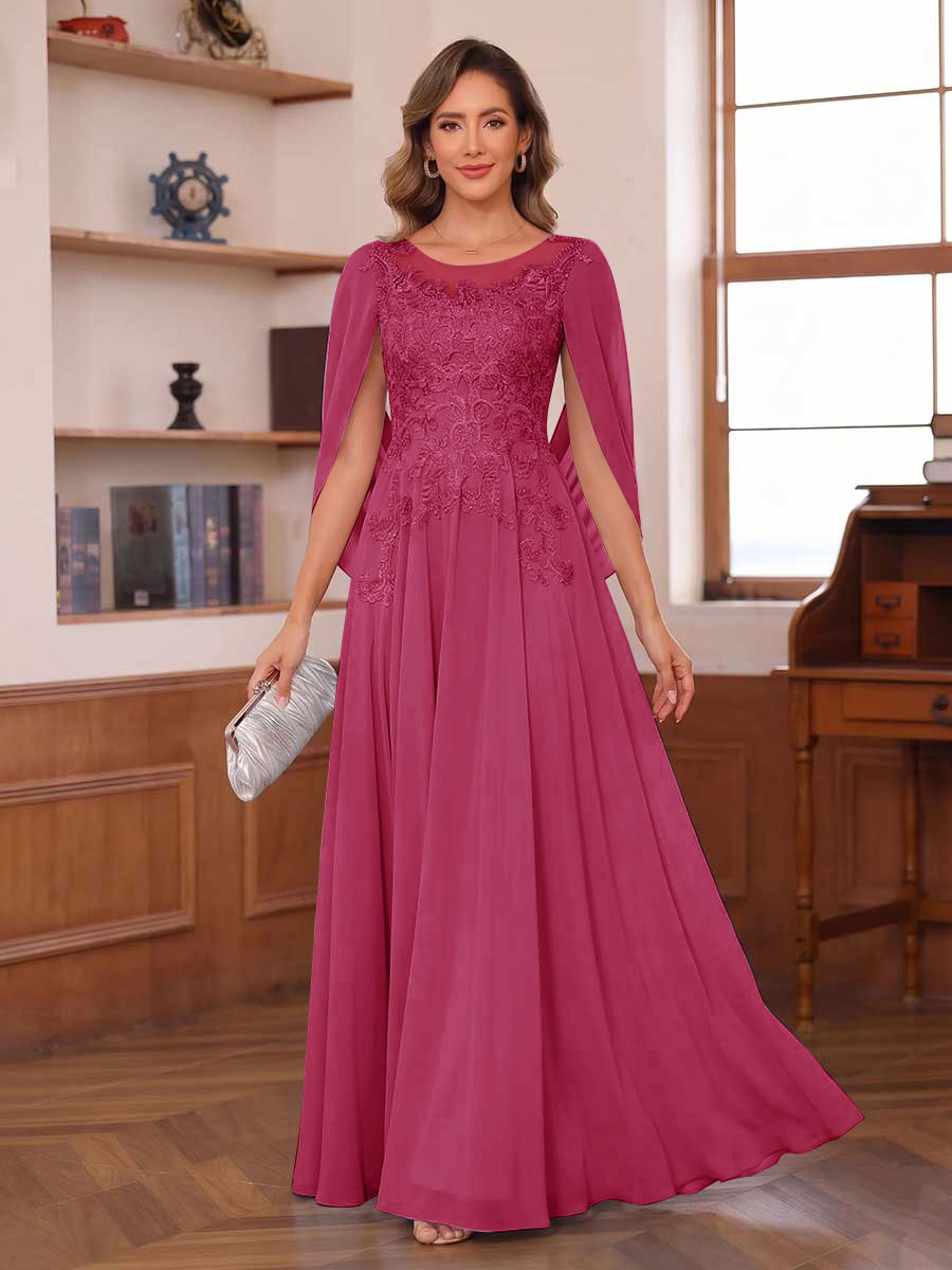 A-Line/Princess Illusion Scoop Chiffon Mother of the Bride Dresses with Appliques & Cape