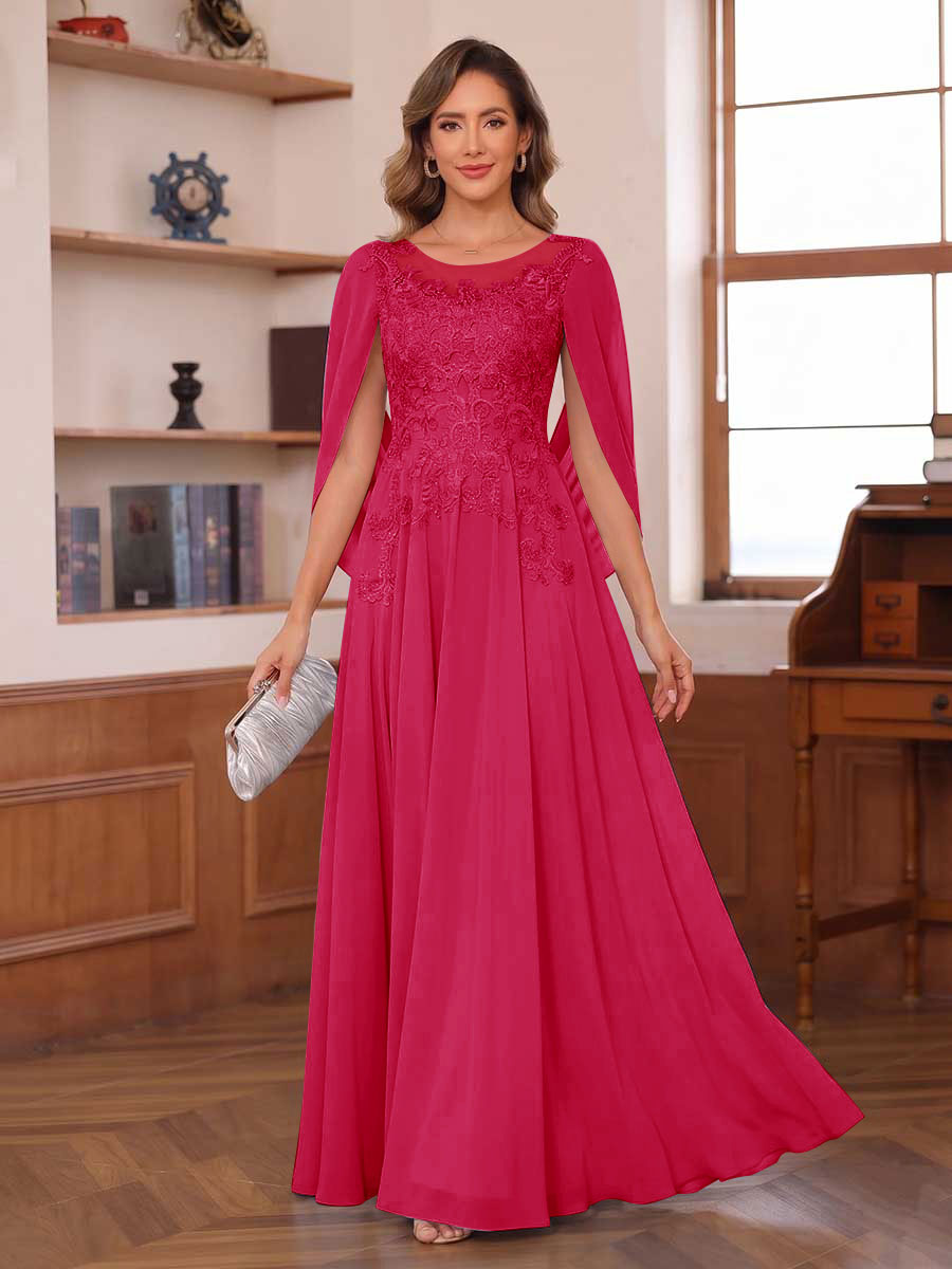 A-Line/Princess Illusion Scoop Chiffon Mother of the Bride Dresses with Appliques & Cape