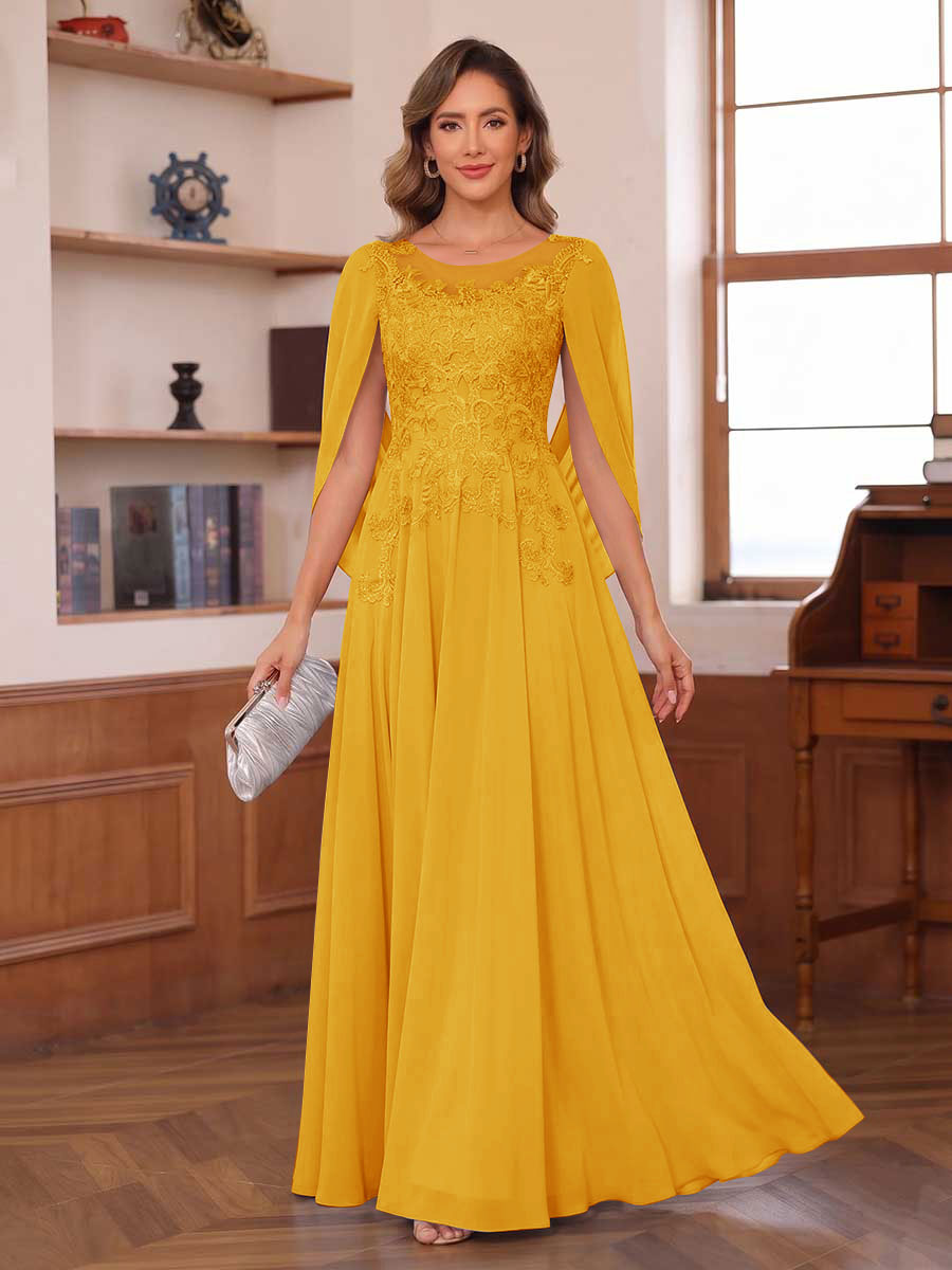 A-Line/Princess Illusion Scoop Chiffon Mother of the Bride Dresses with Appliques & Cape