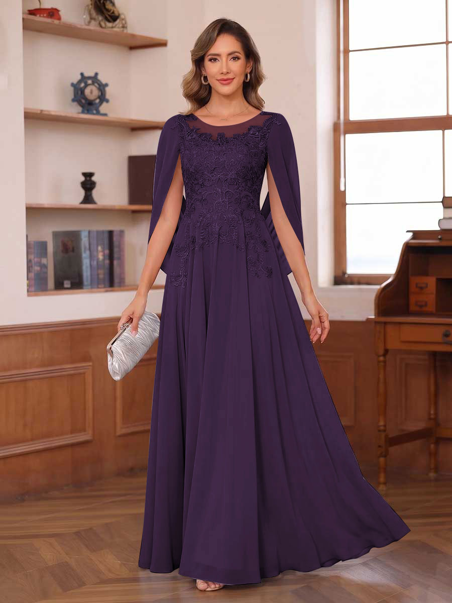 A-Line/Princess Illusion Scoop Chiffon Mother of the Bride Dresses with Appliques & Cape