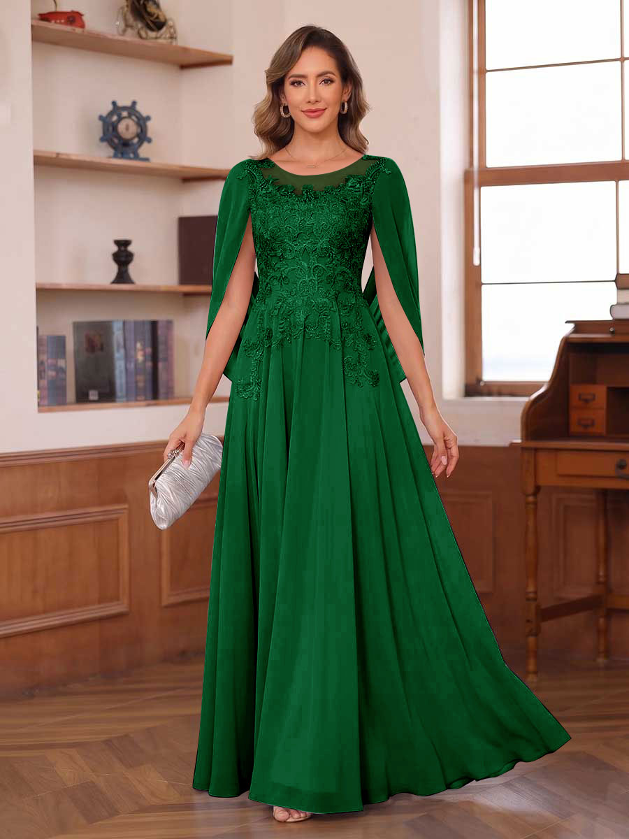 A-Line/Princess Illusion Scoop Chiffon Mother of the Bride Dresses with Appliques & Cape