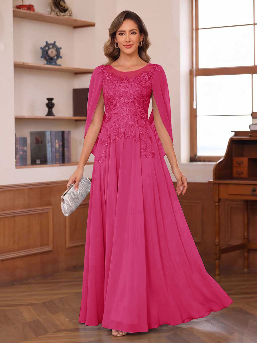 A-Line/Princess Illusion Scoop Chiffon Mother of the Bride Dresses with Appliques & Cape