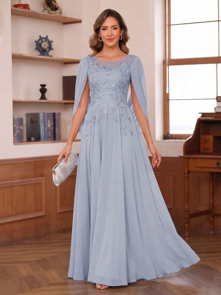 A-Line/Princess Illusion Scoop Chiffon Mother of the Bride Dresses with Appliques & Cape