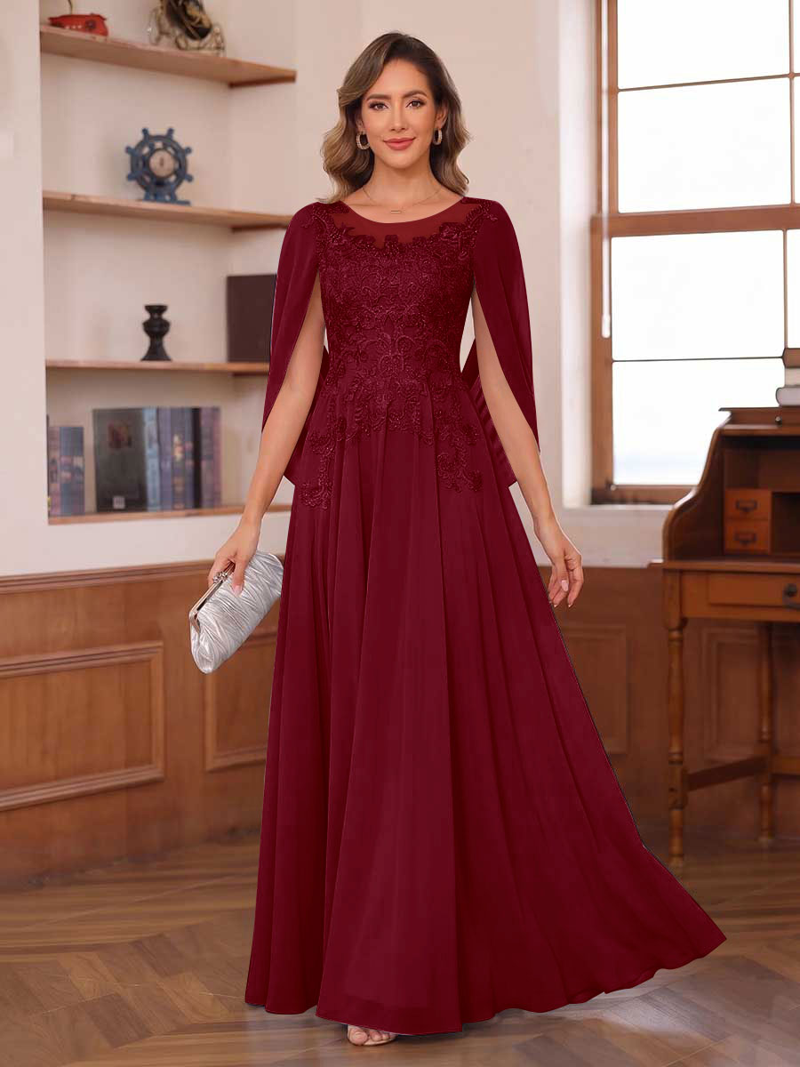 A-Line/Princess Illusion Scoop Chiffon Mother of the Bride Dresses with Appliques & Cape