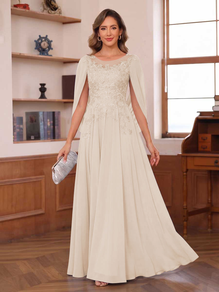 A-Line/Princess Illusion Scoop Chiffon Mother of the Bride Dresses with Appliques & Cape