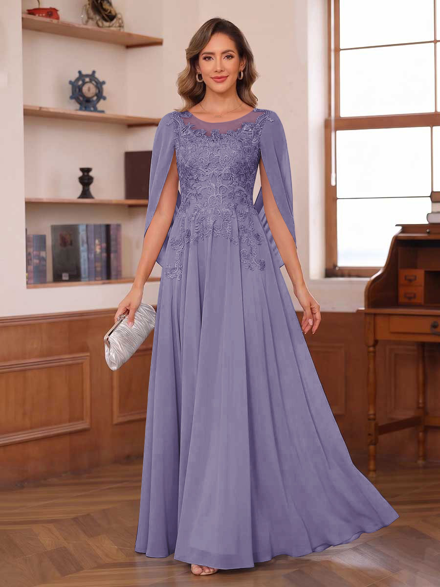 A-Line/Princess Illusion Scoop Chiffon Mother of the Bride Dresses with Appliques & Cape