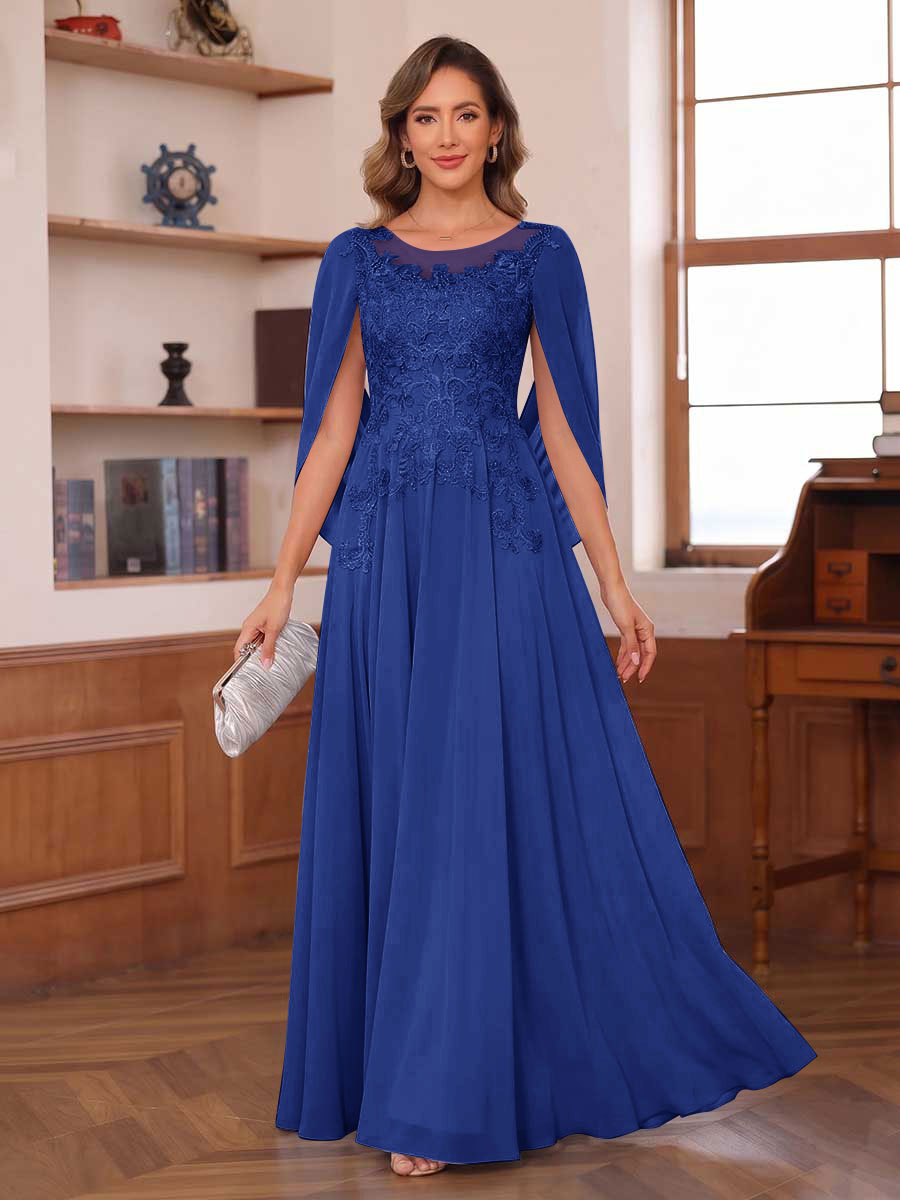 A-Line/Princess Illusion Scoop Chiffon Mother of the Bride Dresses with Appliques & Cape