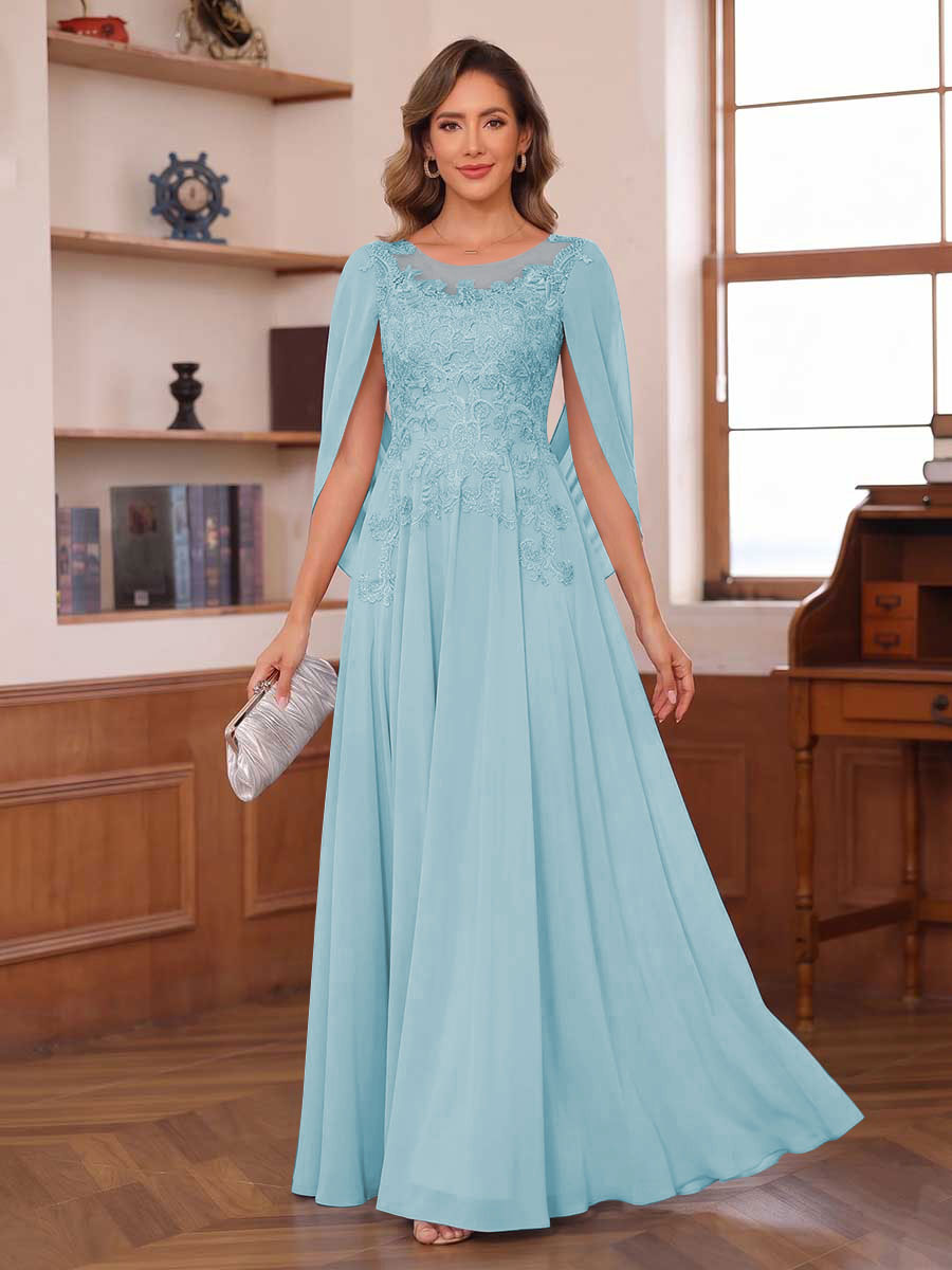 A-Line/Princess Illusion Scoop Chiffon Mother of the Bride Dresses with Appliques & Cape