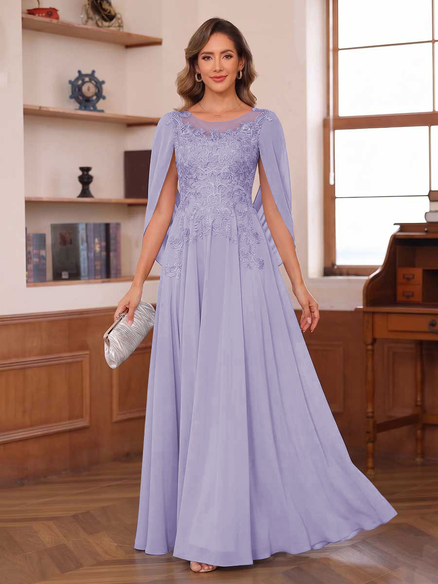 A-Line/Princess Illusion Scoop Chiffon Mother of the Bride Dresses with Appliques & Cape