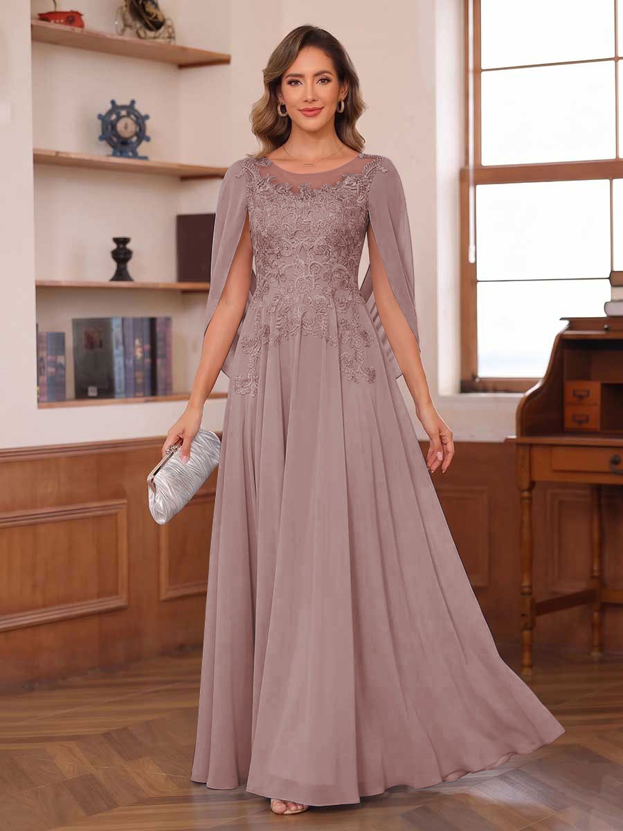 A-Line/Princess Illusion Scoop Chiffon Mother of the Bride Dresses with Appliques & Cape