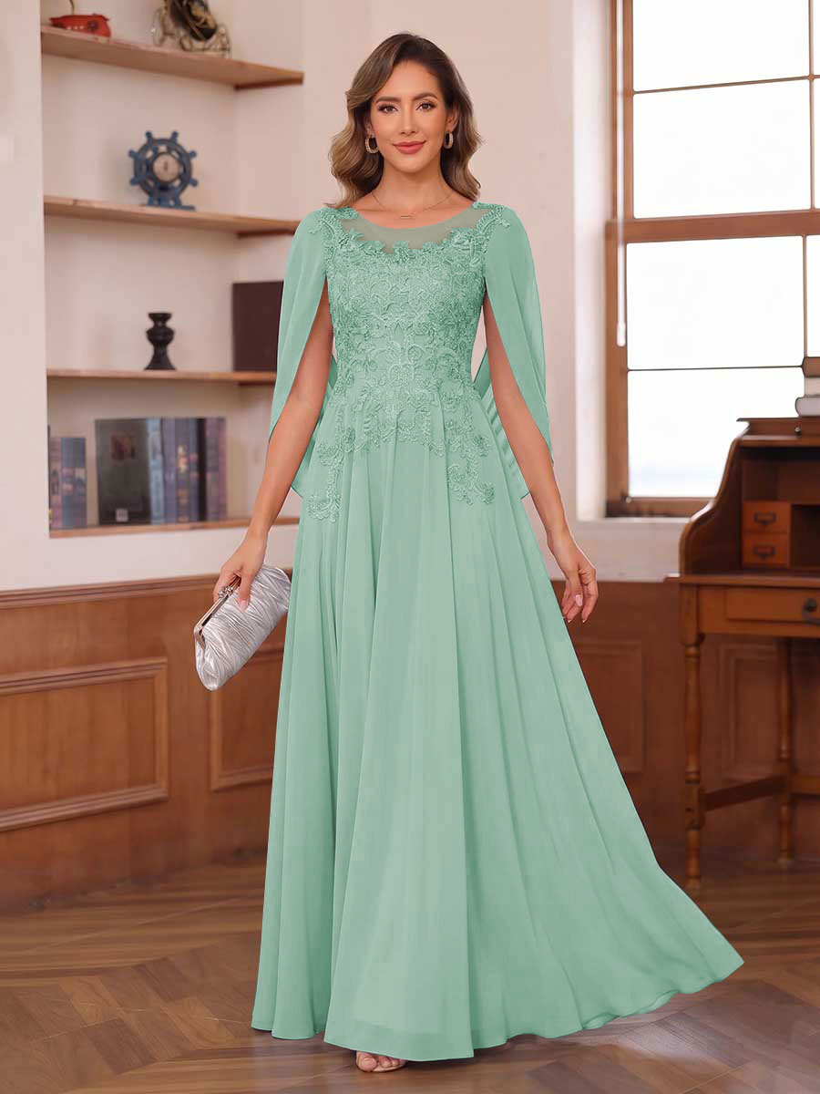 A-Line/Princess Illusion Scoop Chiffon Mother of the Bride Dresses with Appliques & Cape