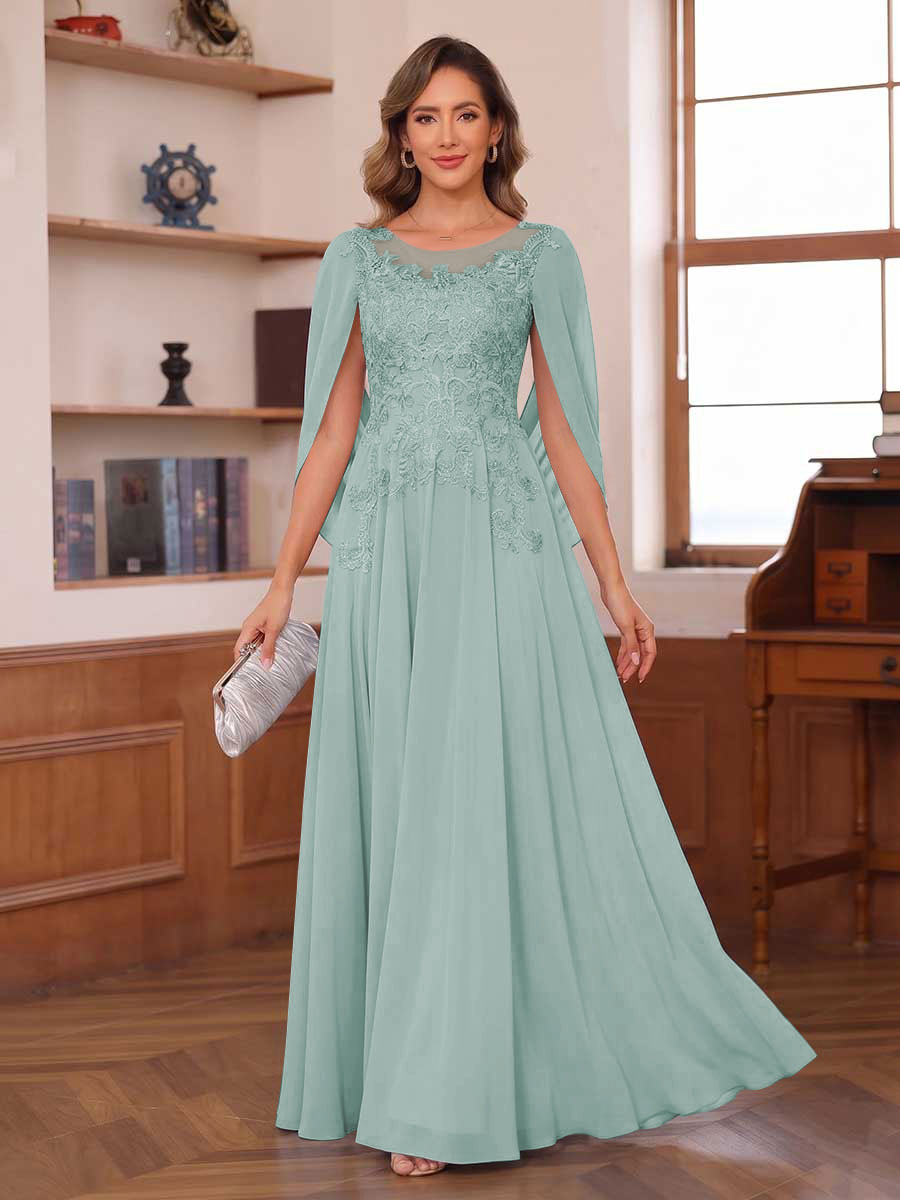 A-Line/Princess Illusion Scoop Chiffon Mother of the Bride Dresses with Appliques & Cape
