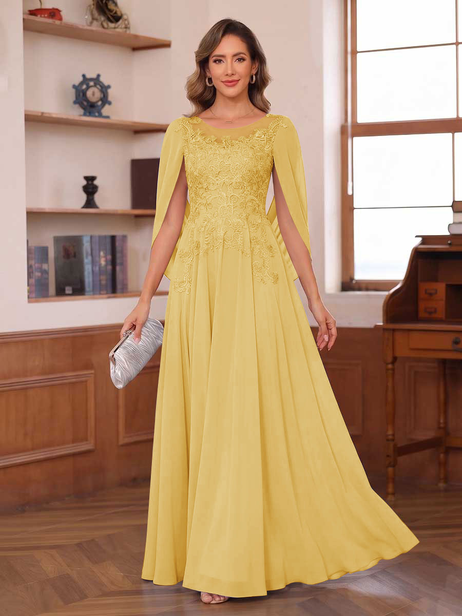 A-Line/Princess Illusion Scoop Chiffon Mother of the Bride Dresses with Appliques & Cape