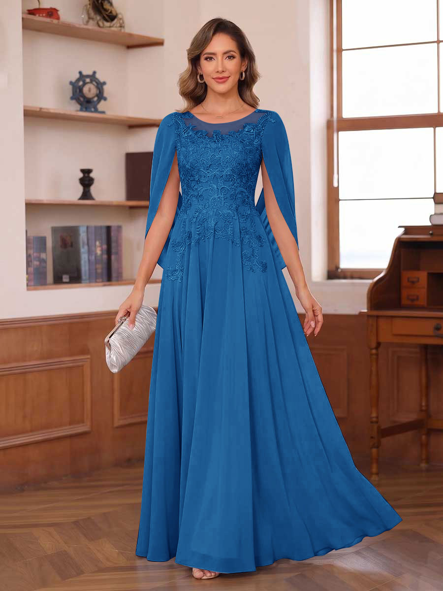 A-Line/Princess Illusion Scoop Chiffon Mother of the Bride Dresses with Appliques & Cape
