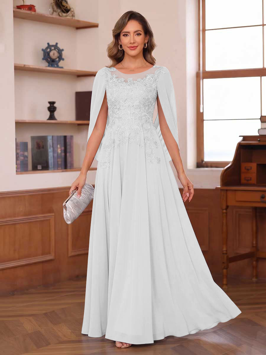 A-Line/Princess Illusion Scoop Chiffon Mother of the Bride Dresses with Appliques & Cape