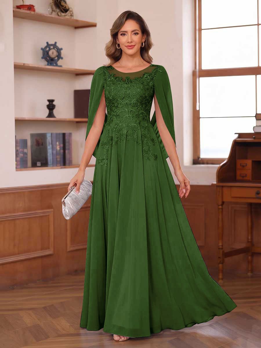 A-Line/Princess Illusion Scoop Chiffon Mother of the Bride Dresses with Appliques & Cape