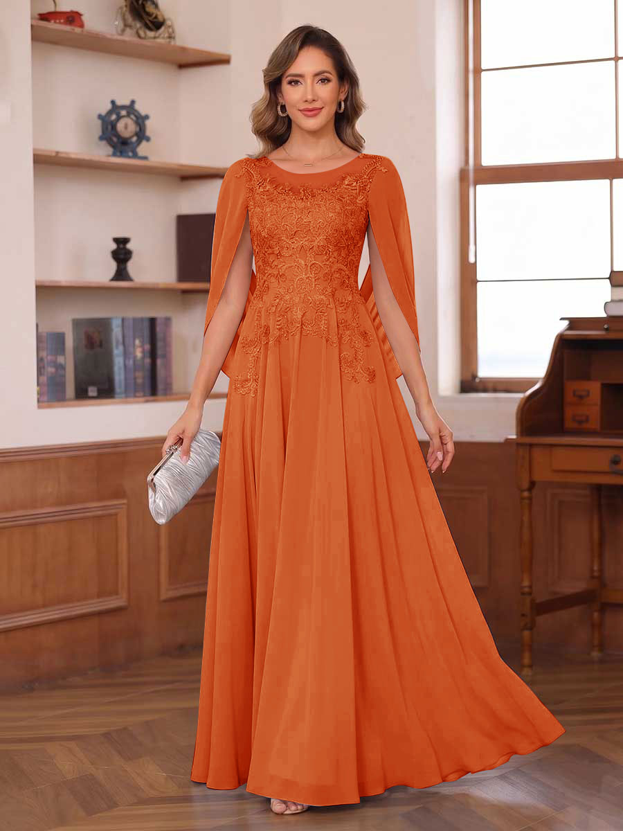 A-Line/Princess Illusion Scoop Chiffon Mother of the Bride Dresses with Appliques & Cape