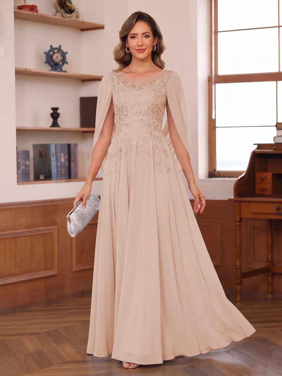 A-Line/Princess Illusion Scoop Chiffon Mother of the Bride Dresses with Appliques & Cape