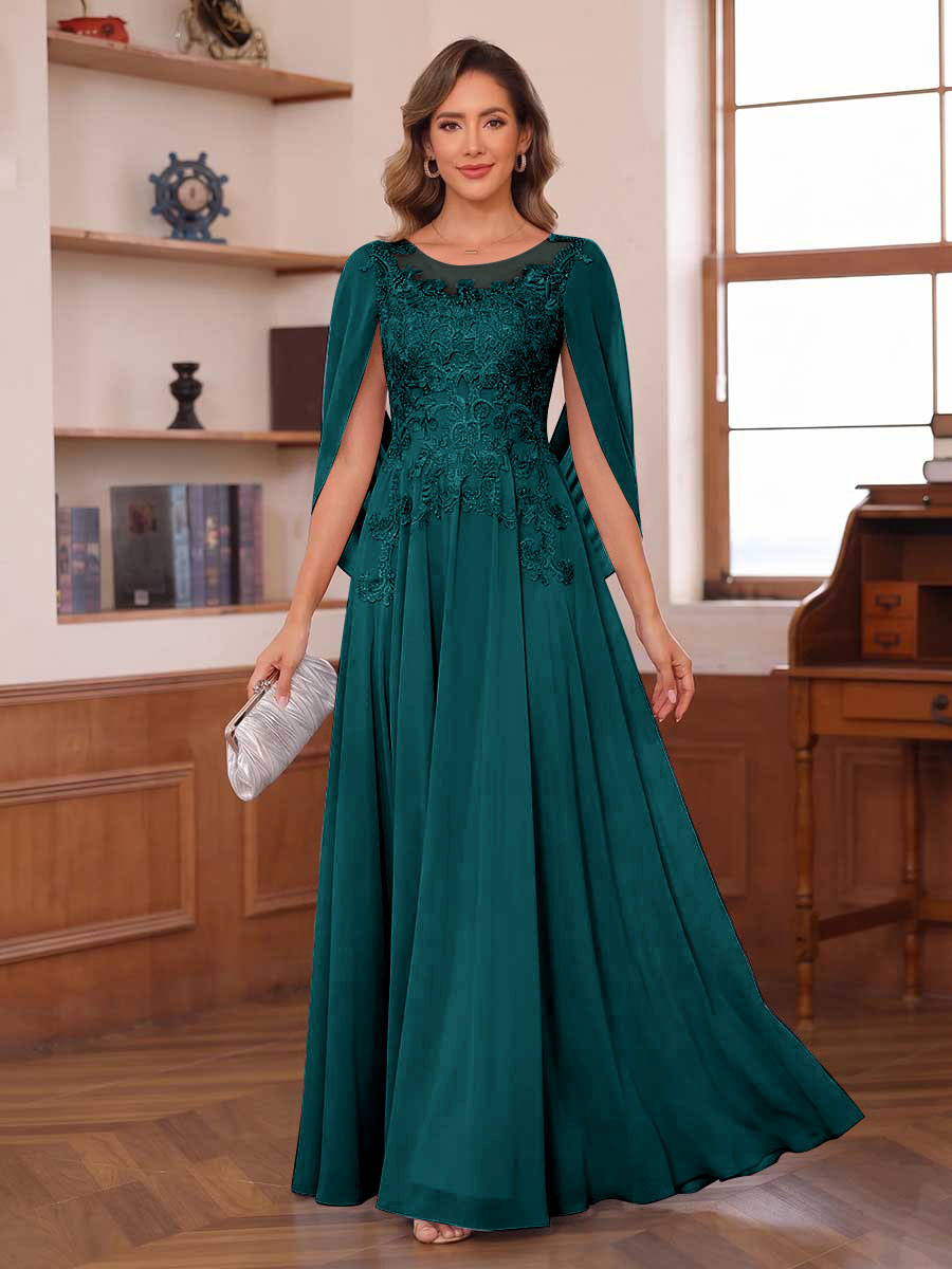 A-Line/Princess Illusion Scoop Chiffon Mother of the Bride Dresses with Appliques & Cape
