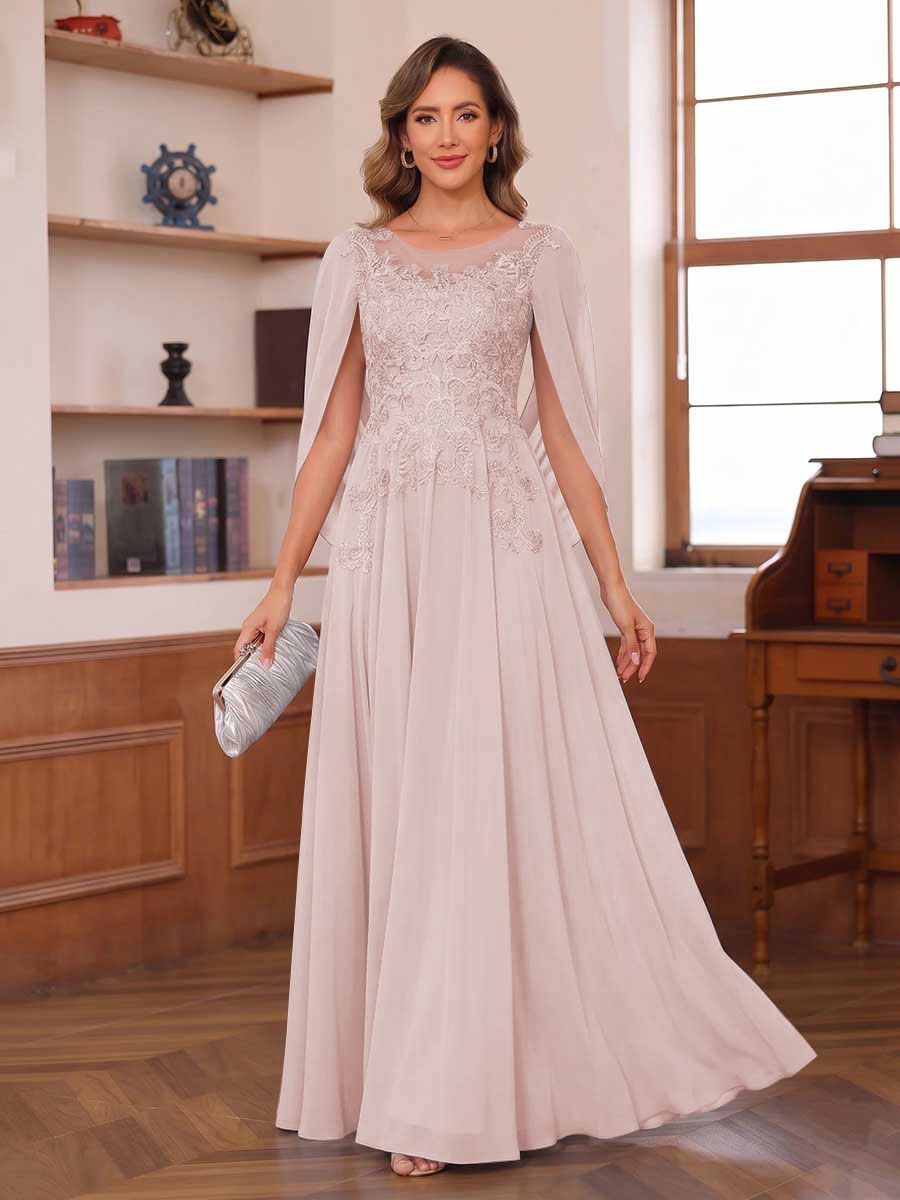 A-Line/Princess Illusion Scoop Chiffon Mother of the Bride Dresses with Appliques & Cape