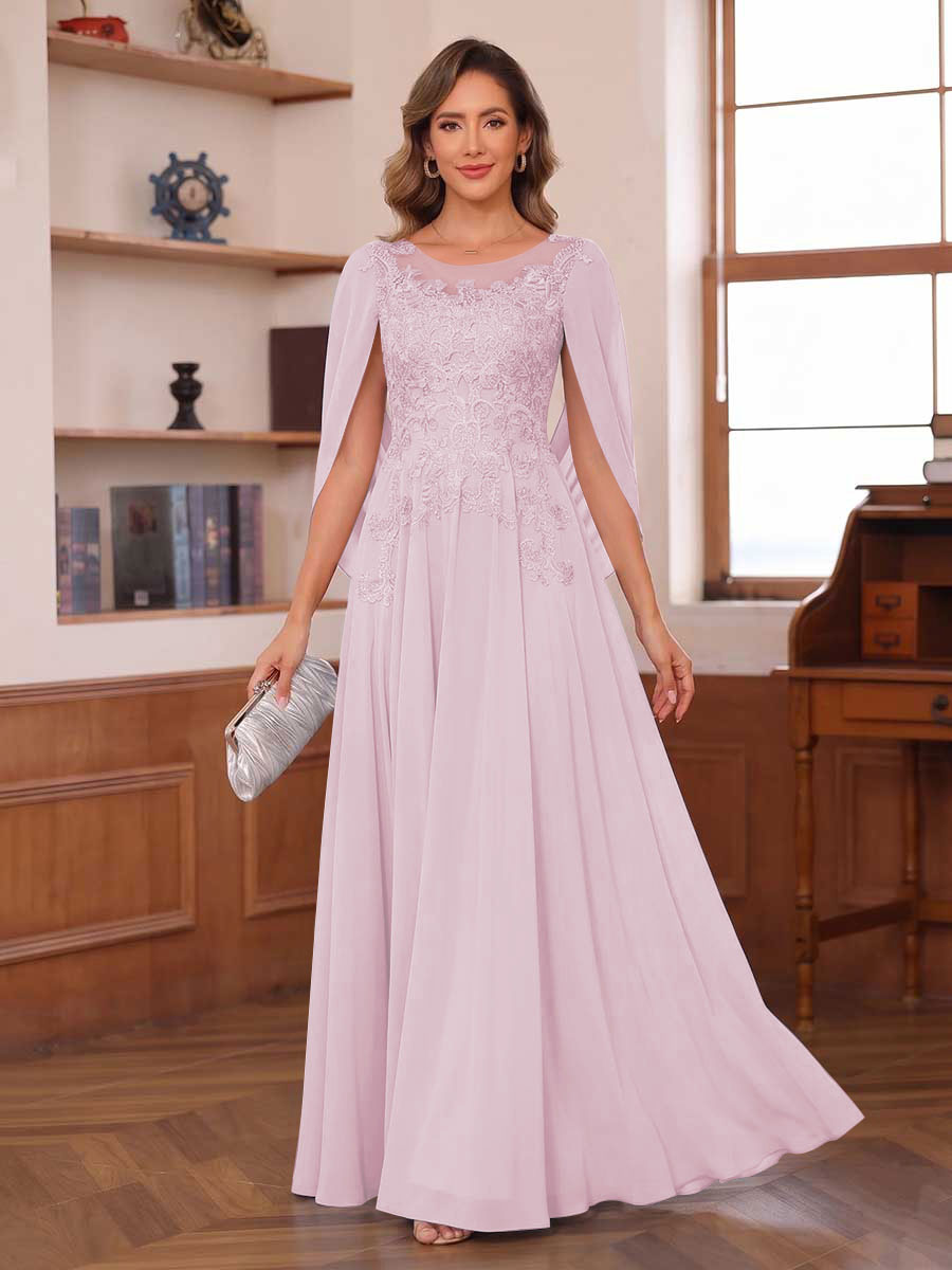 A-Line/Princess Illusion Scoop Chiffon Mother of the Bride Dresses with Appliques & Cape